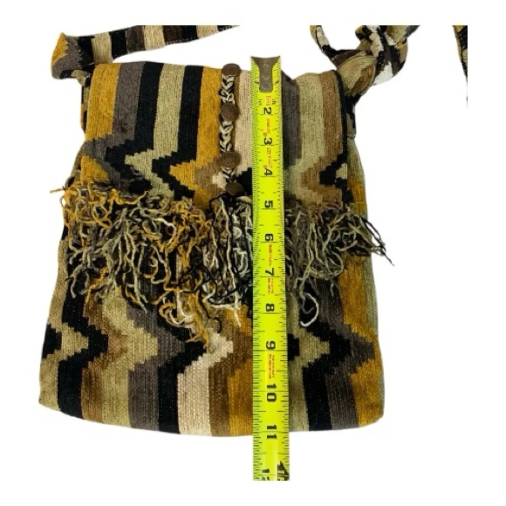 Striped Woven Knit‎ Boho Crossbody Bag Gold Black Tan Shades Fringe Aztec Hippie